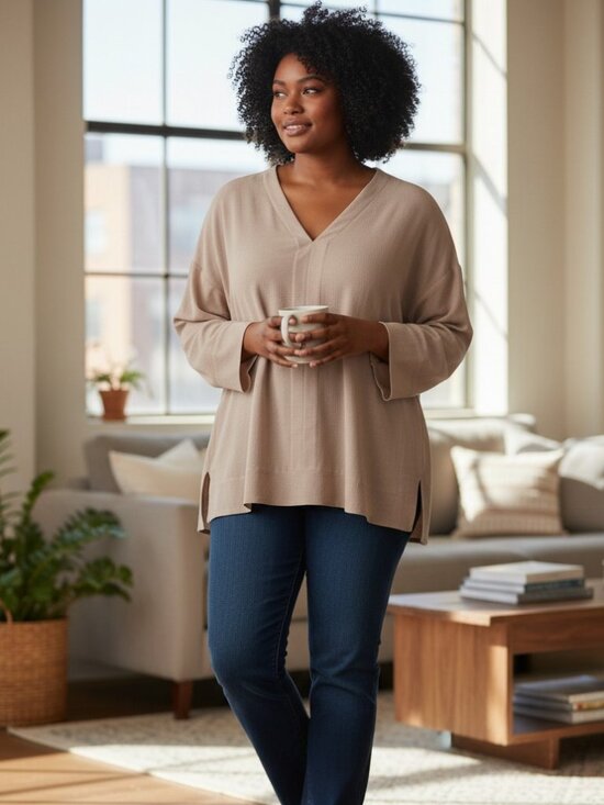 14th & Union V-Neck Blouse in Warm Taupe - Picture 1 of 8